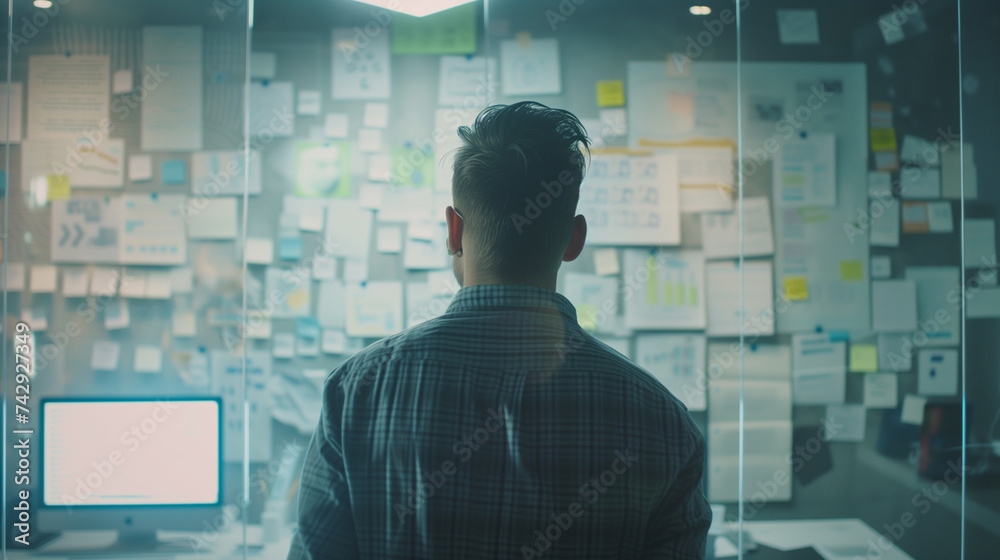 A single businessperson brainstorming ideas on a glass whiteboard. A single businessperson brainstorming ideas on a glass whiteboard.