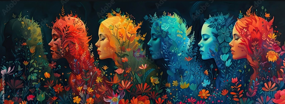 Horizontal banner with beautiful colorful girls and flowers with flowers in their hair. World Mental Health Day