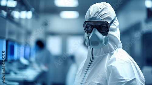 A healthcare professional standing outdoors in a full protective suit with a respirator mask, in front of a modern hospital building, preparation for a hazardous environment or pandemic response.