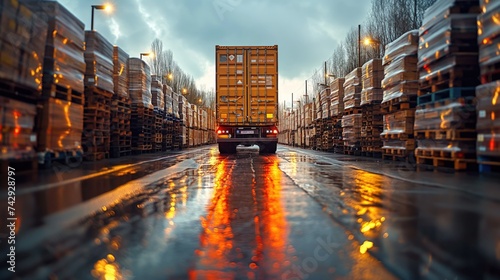 Camion de transport dans un entrepôt vue de derrière. Transport truck in a warehouse, seen from behind. photo