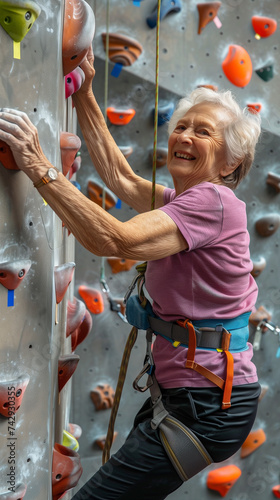 A 65 year old woman energetically ascends the side of a climbing wall, gripping onto colorful handholds and footholds. She is focused and determined, showcasing agility and strength photo