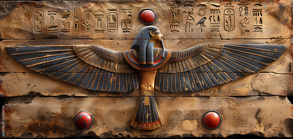landscape Ancient Bird Egyptian hieroglyphs on ancient background - obrazy, fototapety, plakaty 