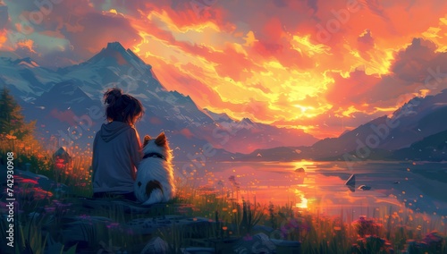 Woman holding a dog up front looking at the mountains at sunset