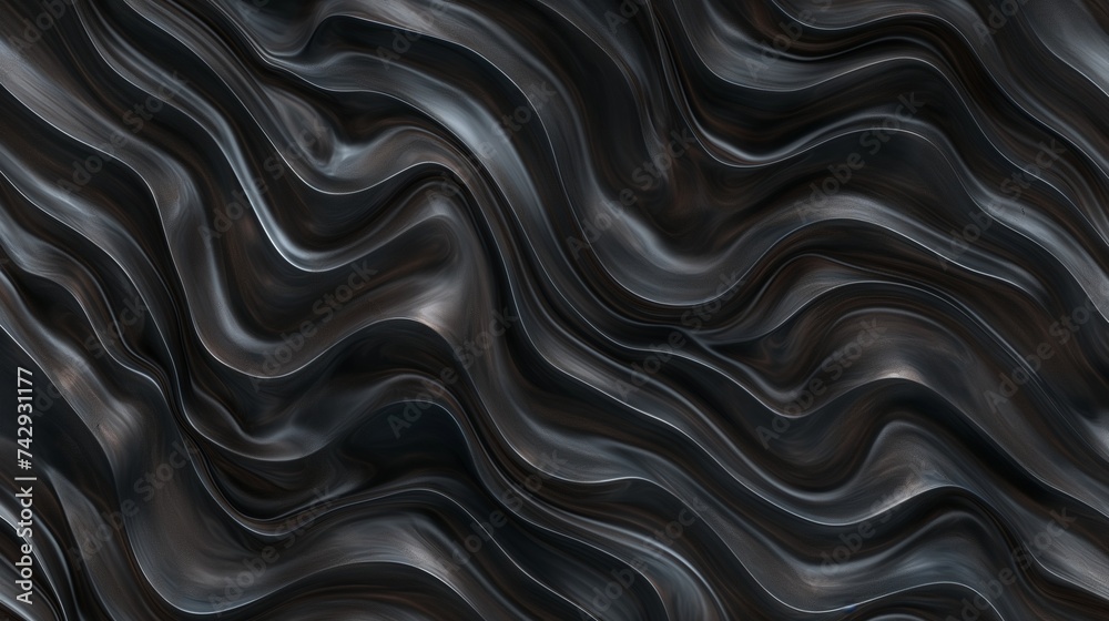 A seamless, abstract background featuring smooth, flowing waves in various shades of black and dark gray. The pattern mimics the gentle movement of water at night, with a sleek, polished finish. 8k