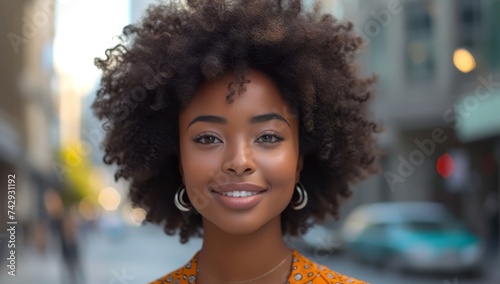 Woman is showing her afro hair while standing in a urban city.