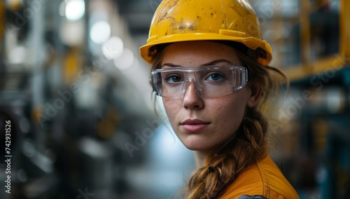Woman wearing hard hats and safety glasses standing in a factory