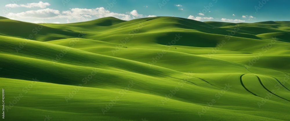 Idyllic Rolling Green Hills Under a Clear Blue Sky with Wispy Clouds. Tranquil Nature Landscape