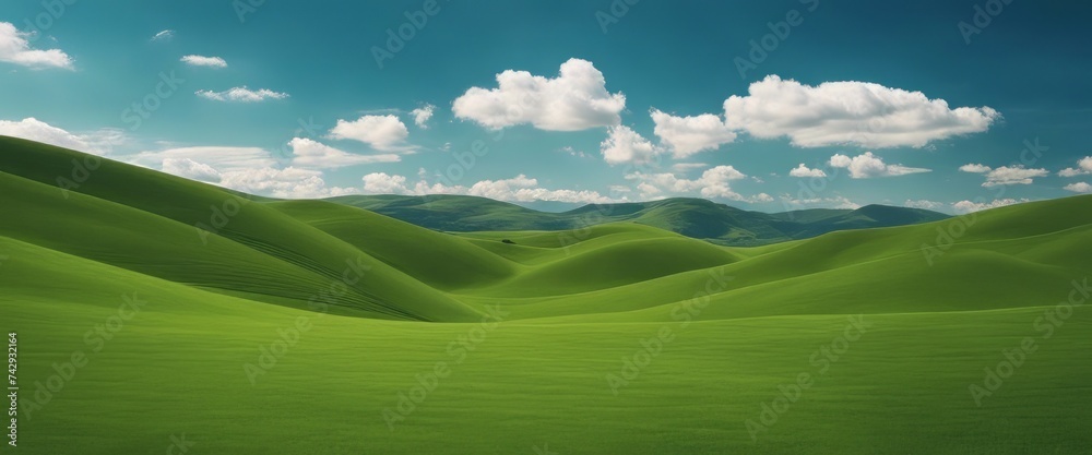 Idyllic Rolling Green Hills Under a Clear Blue Sky with Wispy Clouds. Tranquil Nature Landscape Idyllic Rolling Green Hills Under a Clear Blue Sky with Wispy Clouds. Tranquil Nature Landscape
