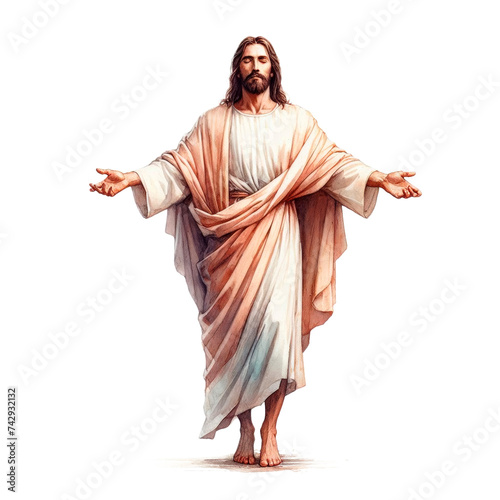 Jesus Christ with open arms isolated watercolor art. AI generative