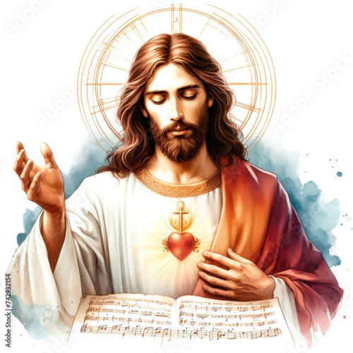 Sacred Heart of Jesus watercolor art. AI generative