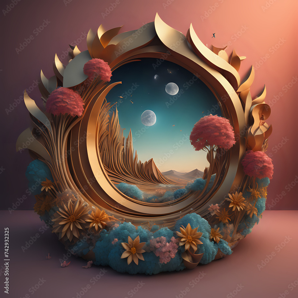 Fototapeta premium View of abstract 3d mystical landscape with flowers - generated by ai