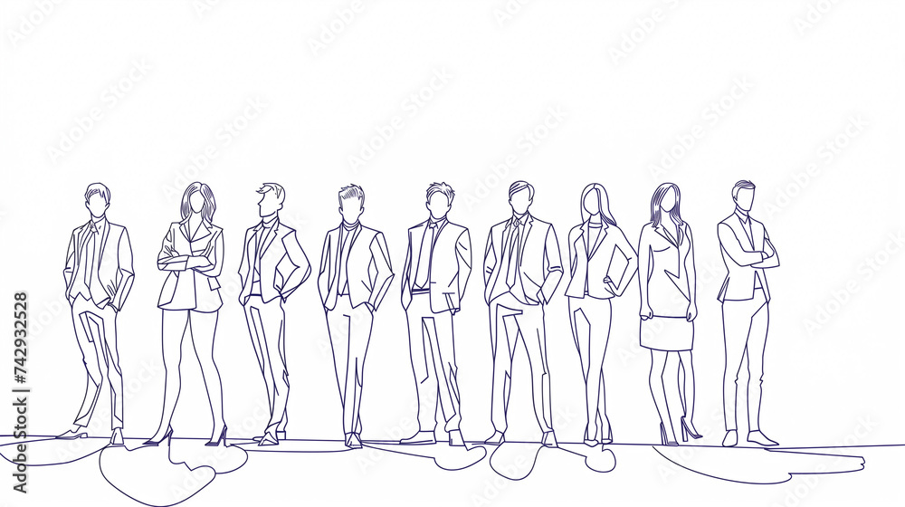 continuous line drawing of a standing team of professionals, a vector illustration of a business concept.