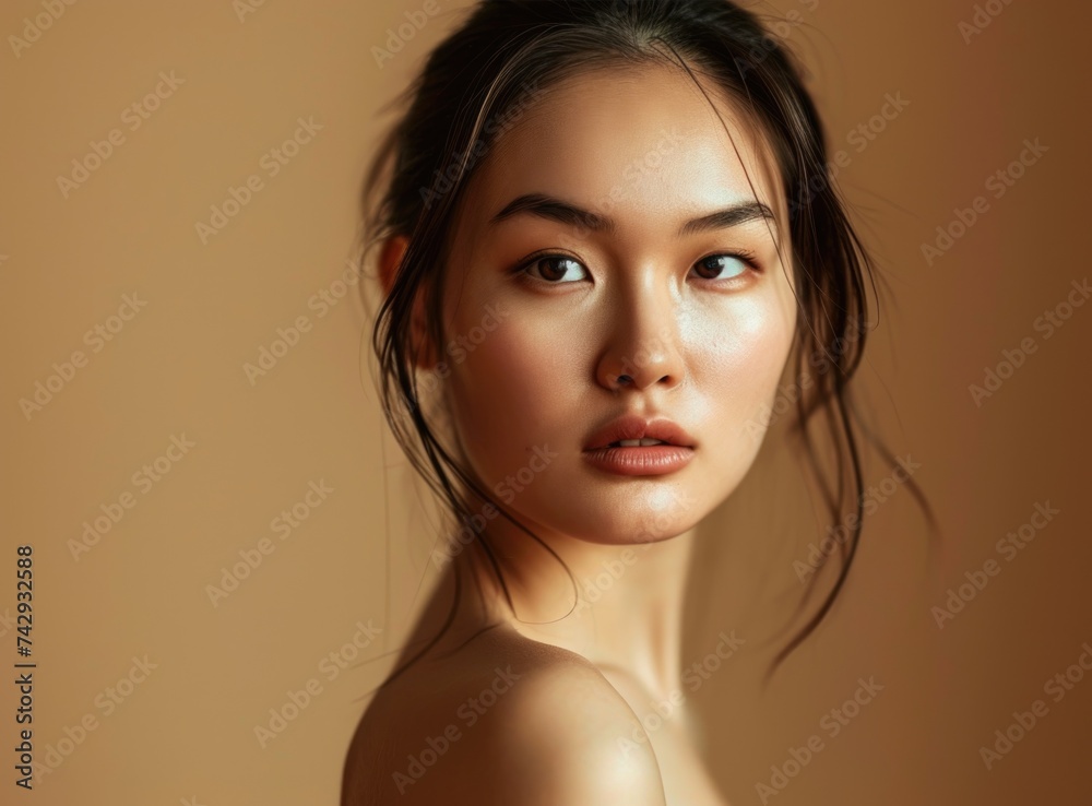 Young asian woman gazing thoughtfully with hand on neck. Young asian woman gazing thoughtfully with hand on neck.