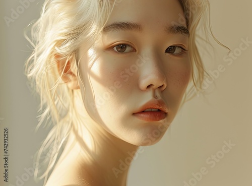 Minimalist portrait of a asian woman with sunlit profile. 