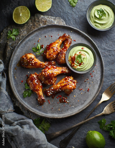 Pikante Chicken Wings mit verlockender Sriracha-Honig-Glasur und erfrischender Limettencreme photo