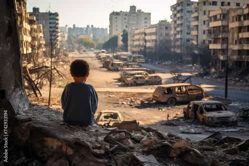 Young Boy Overlooks a Devastated Urban Area After a Catastrophe