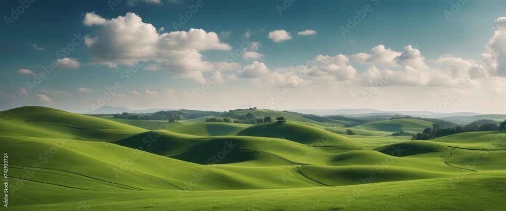 Idyllic Rolling Green Hills Under a Clear Blue Sky with Wispy Clouds. Tranquil Nature Landscape