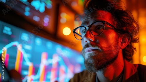 Investor holding his smartphone up to a stotk market graph photo