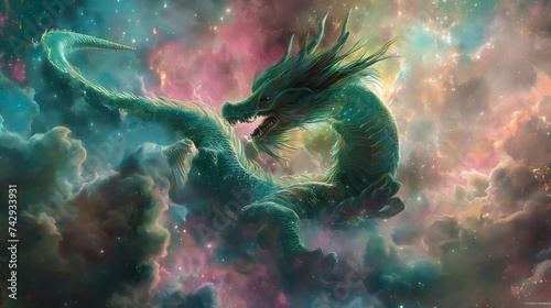 A vibrant green jade dragon, curling gracefully amongst swirling nebulae that paint the astral background in hues of pink, blue, and green photo
