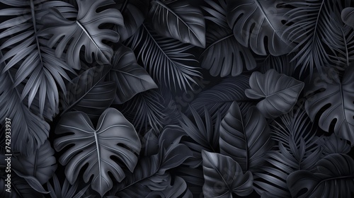 A stylized arrangement of tropical leaves in varying shades of black and gray,  photo