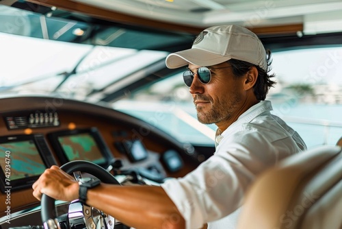 A stylish man in his trendy sunglasses and fashionable hat expertly navigates his boat through the sparkling blue waters, exuding confidence and coolness in his outdoor adventure photo