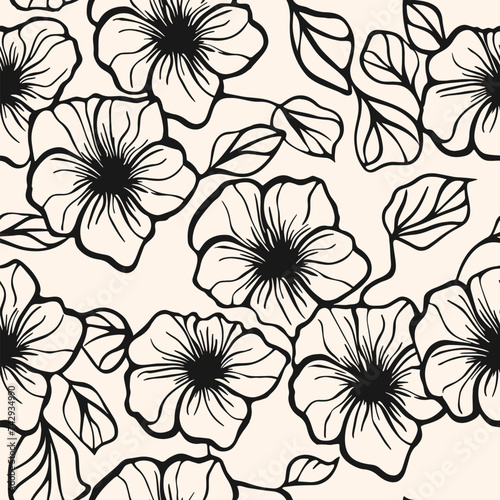 Wallpaper Mural Simple monochrome vector floral seamless pattern. Elegant minimal black and white texture with outline flower silhouettes and leaves. Stylish ornamental botanical background. Repeated natural design Torontodigital.ca