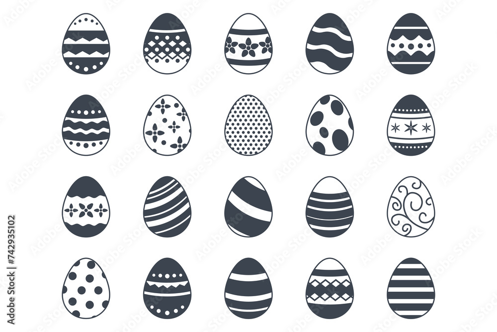 Fototapeta premium Easter eggs, Easter day festival icon set, ostern egg icons with decoration patterns symbols collection, logo isolated vector illustration
