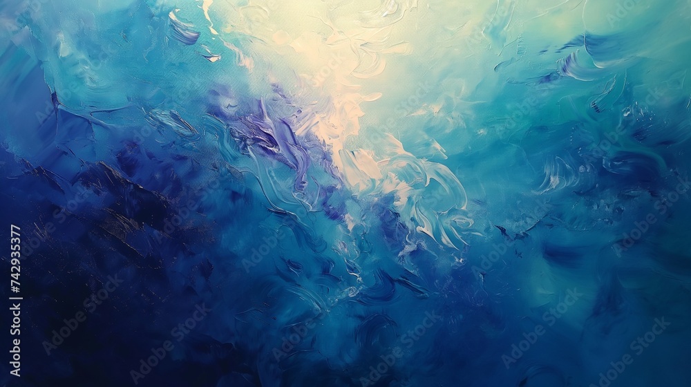 An abstract art piece inspired by the ocean's depths, blending blues, greens, and purples to mimic the underwater world. The oil paint is layered to create a sense of movement  - obrazy, fototapety, plakaty 