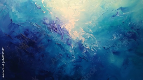 An abstract art piece inspired by the ocean's depths, blending blues, greens, and purples to mimic the underwater world. The oil paint is layered to create a sense of movement  photo