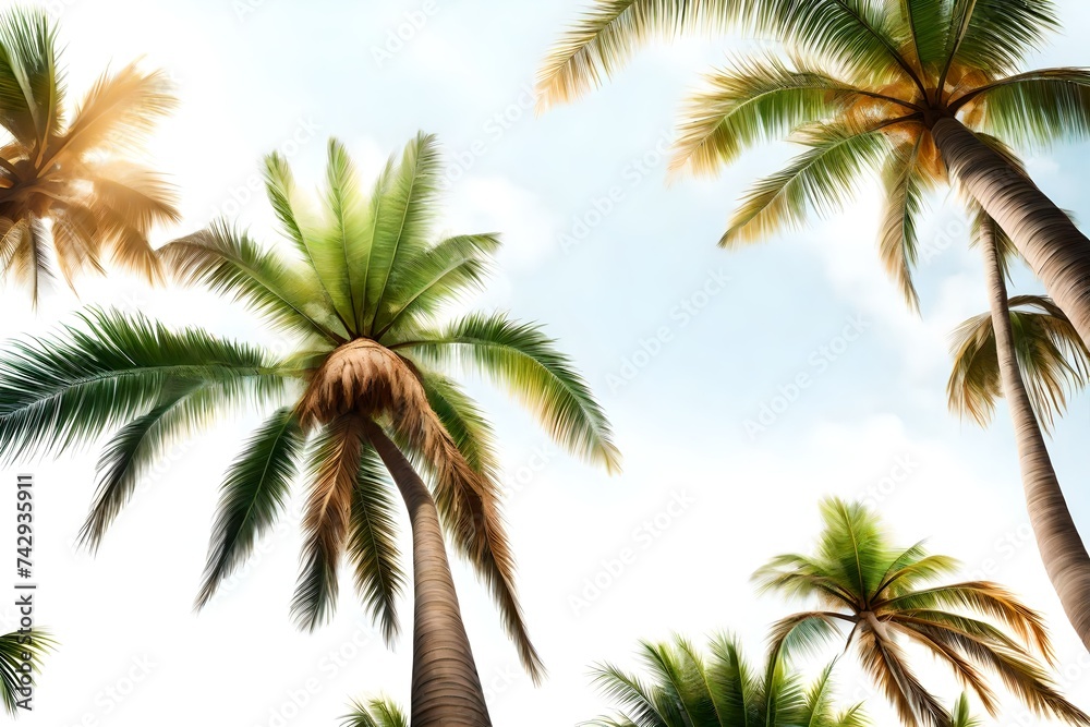 Coconut palm tree isolated on white transparent background blur