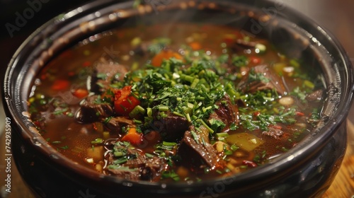 Delicious beef broth with charred vegetables 