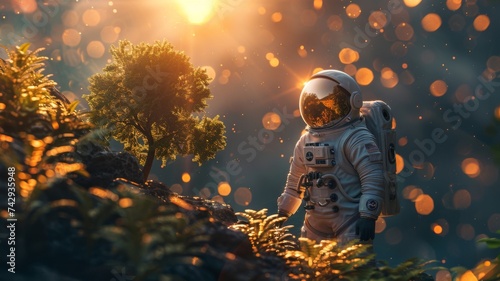 Astronaut planting trees sowing the seeds of Earths future on the moon