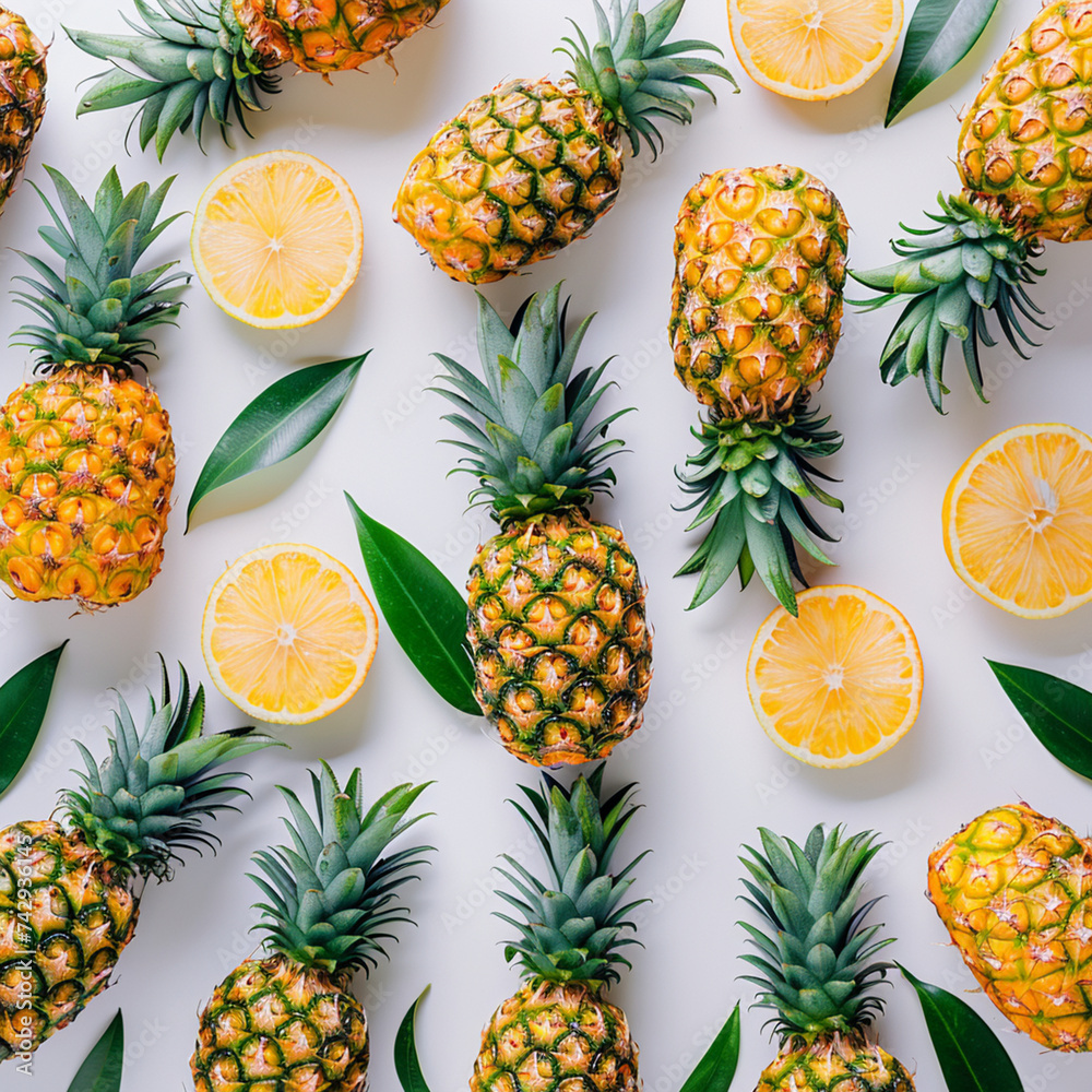 Pineapple with leaves creative pattern isolated on white background, summer background, Top view and flat lay Pineapple with leaves creative pattern isolated on white background, summer background, Top view and flat lay