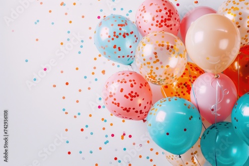 colorful balloons and confetti for a holiday   wallpaper background   blank wall for text