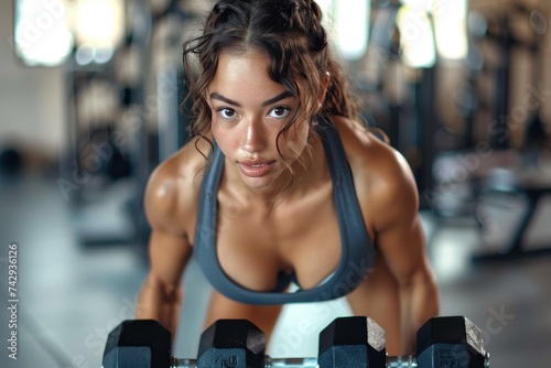 A determined woman pushes herself to the limit in the gym, as she lifts heavy weights and trains her muscles with intense bodybuilding exercises photo