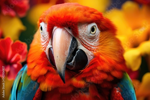 Parrot on the flower. Beautiful extreme close-up photo