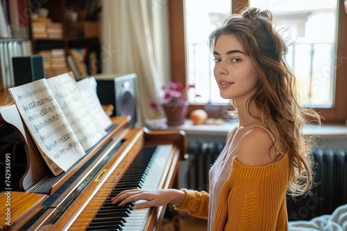 A talented pianist in elegant clothing gracefully plays a beautiful melody on the musical keyboard, captivating the room with her skillful touch