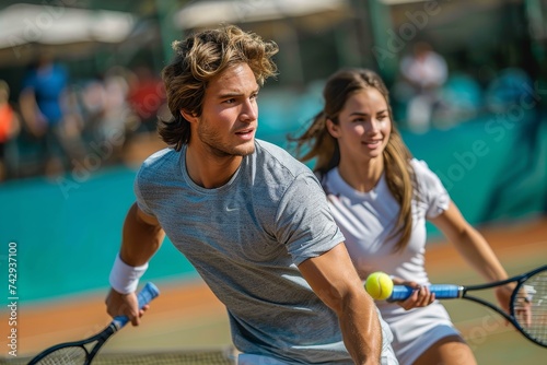 Two athletes engage in a competitive match on a sunny tennis court, gracefully swinging their rackets to hit the yellow ball back and forth in a display of strength, skill, and determination