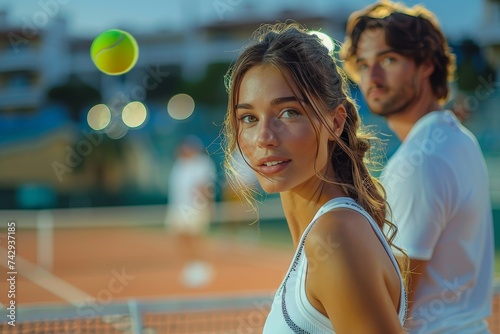 A determined woman prepares to serve on the tennis court, her focused gaze fixed on the yellow ball hovering in the air, dressed in athletic clothing and wielding her trusty racket with confidence photo