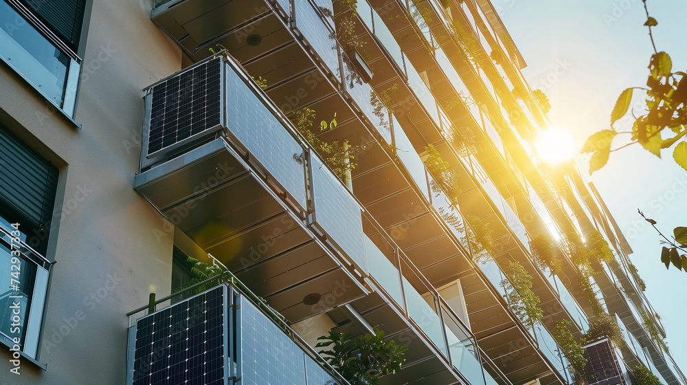 The apartment building features multiple balconies with solar panels ... - Green Energy Apartment Building Ideas