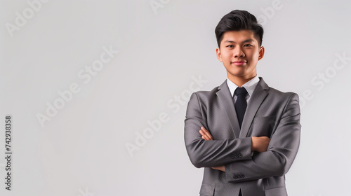 Happy Asian young businessman standing cross-armed on white background.
