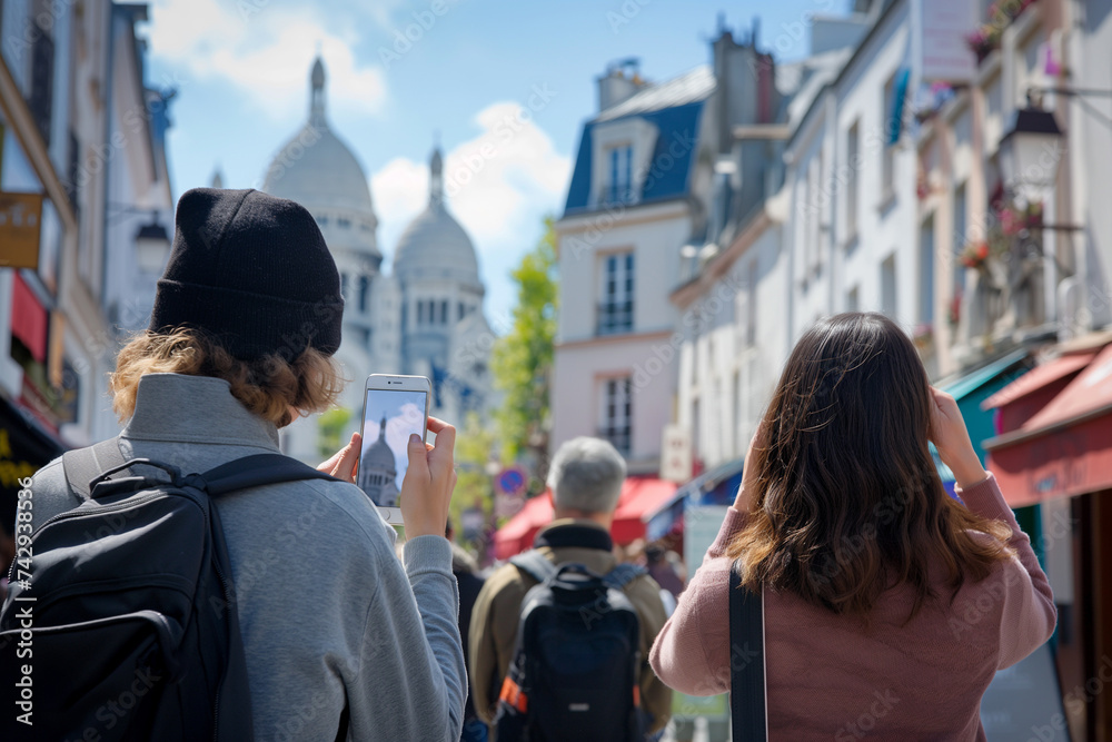 Back view of tourists capturing landmark on phone