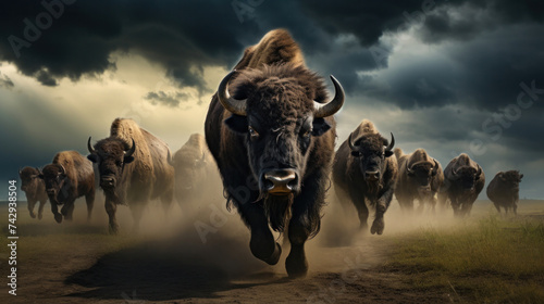 Bison herd moving through a prairie storm.