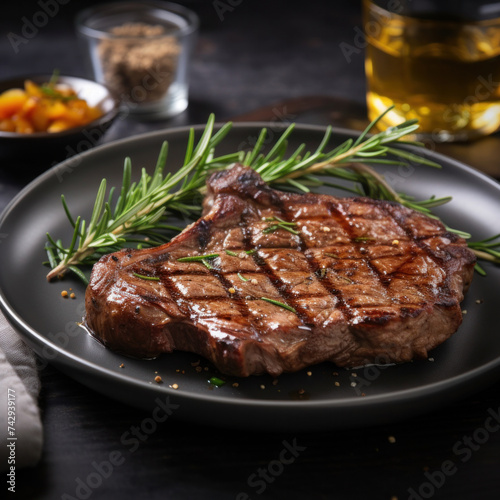 Grilled medium rib eye steak with rosemary and pepper on plate.