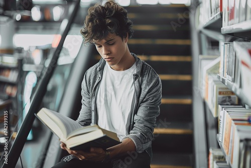 A solitary figure, clad in formal attire, engrossed in a tome upon the steps of a grand bookcase, his face illuminated by the soft glow of the library's shelves photo