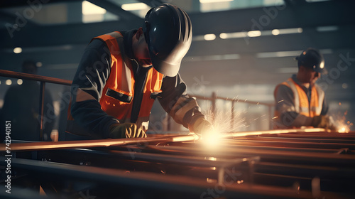  Engineers inspecting welding work and ensuring weld quality and integrity are maintained during the fabrication of structural steel components on a construction site.  photo