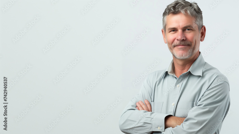 Happy middle aged man in business casual,on isolated background with copy space. Happy middle aged man in business casual,on isolated background with copy space.