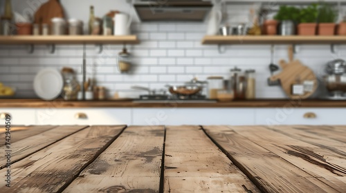 Wooden Table Top in Front of Kitchen. Generative AI.