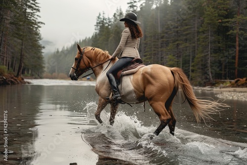 A fierce equestrian glides through the tranquil waters, her trusty stallion navigating through the trees as she reigns with grace and power