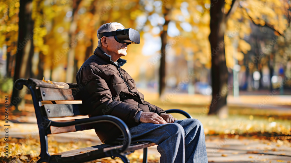 An elderly man sits on a bench wearing VR headset glasses, virtual reality. A man with Parkinson's disease walking in city park - obrazy, fototapety, plakaty 